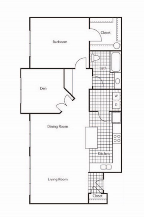 Floor plan for 1 bed, 1 bath, 957 sqft